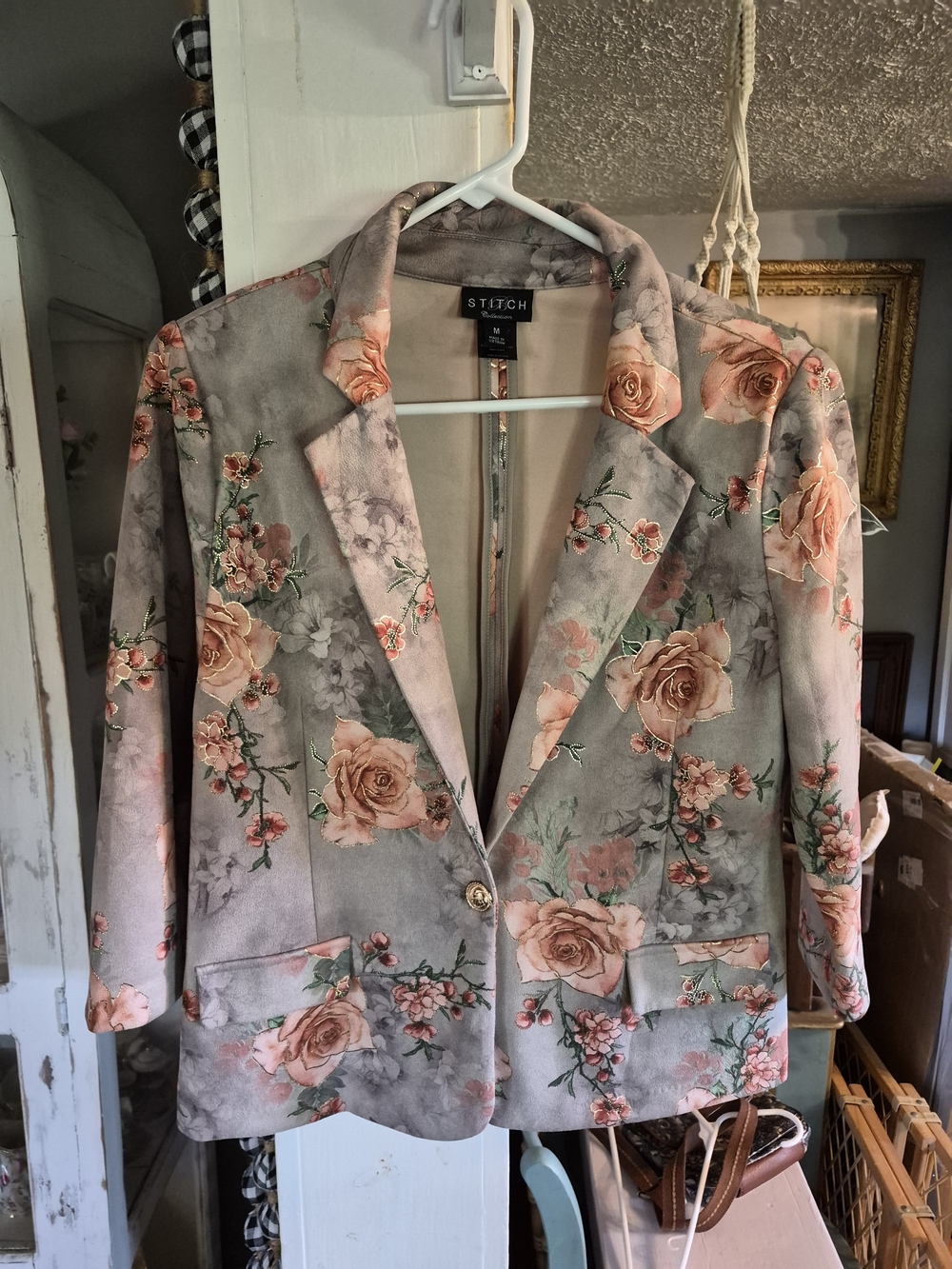 Stitches Floral Blazer Jacket - Gray with Peach Rose Print